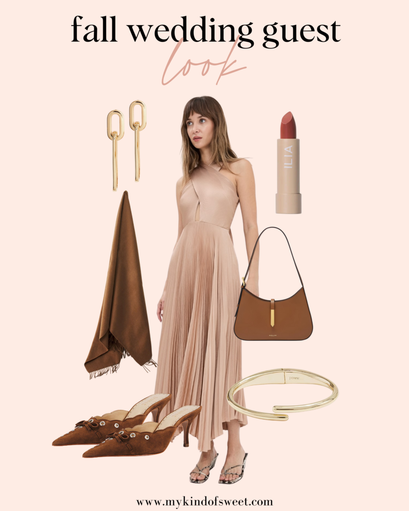 Fall Wedding Guest Looks, gold earrings, red lipstick, brown shawl, beige dress, brown heels