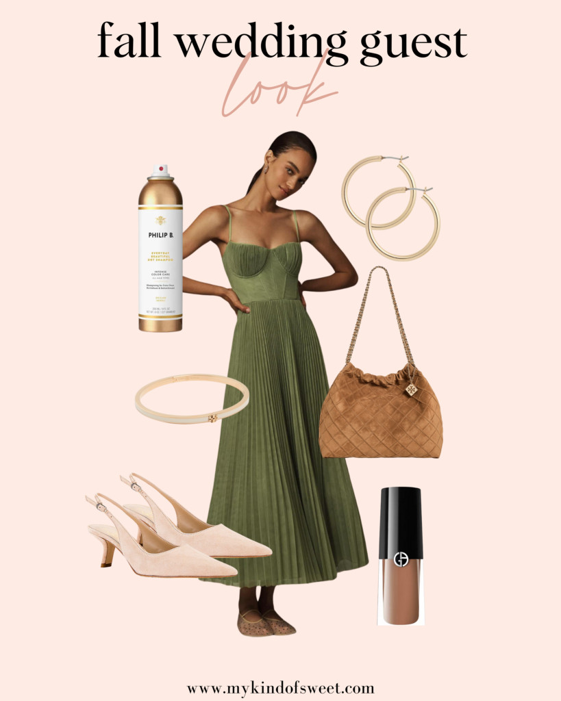 Fall Wedding Guest Looks, green dress, brown bag, gold hoops, beige heels