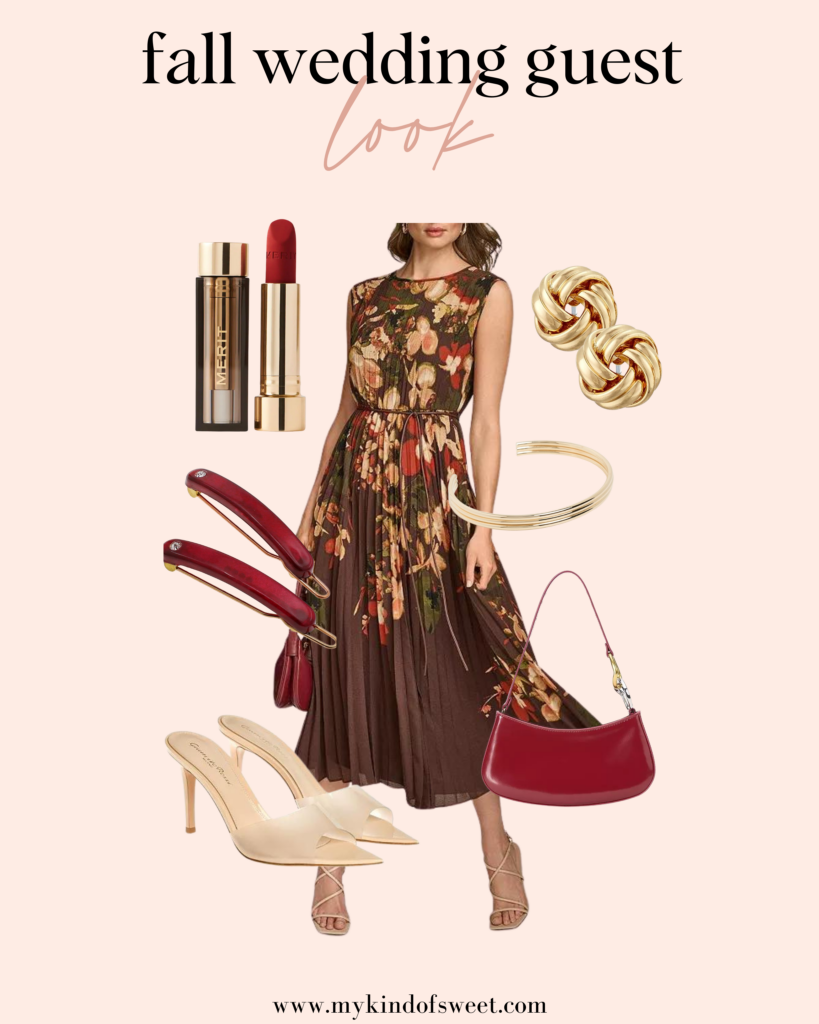 Fall Wedding Guest Looks, floral dress, red lipstick, gold earrings, nude shoes, red bag