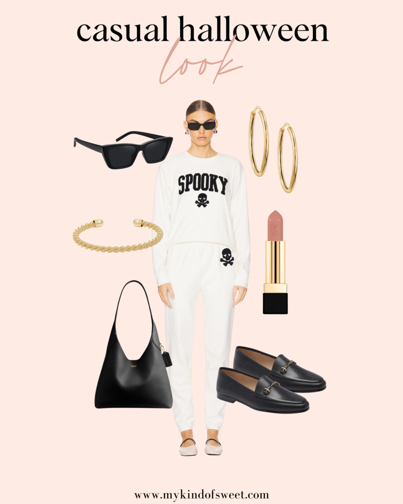 Casual Halloween look, gold accessories, skull sweater, black handbag, black loafers
