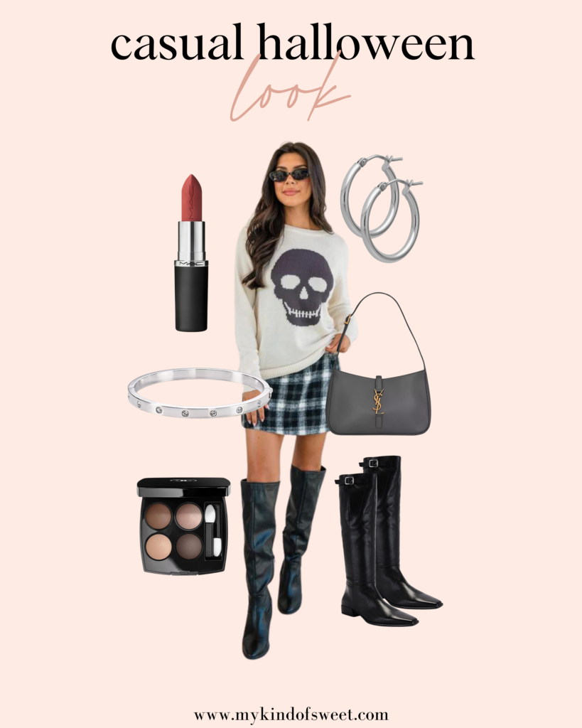 Casual Halloween look, skull sweater, plaid skort, silver accessories, black boots