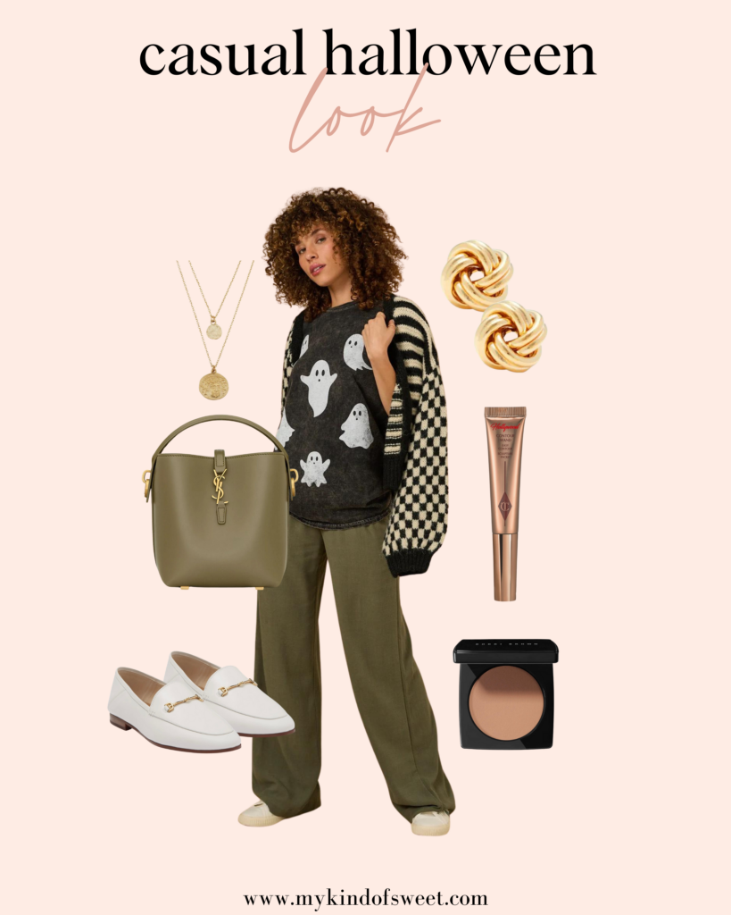 Casual Halloween look, ghost shirt, green handbag, white loafers, gold accessories, layered necklace