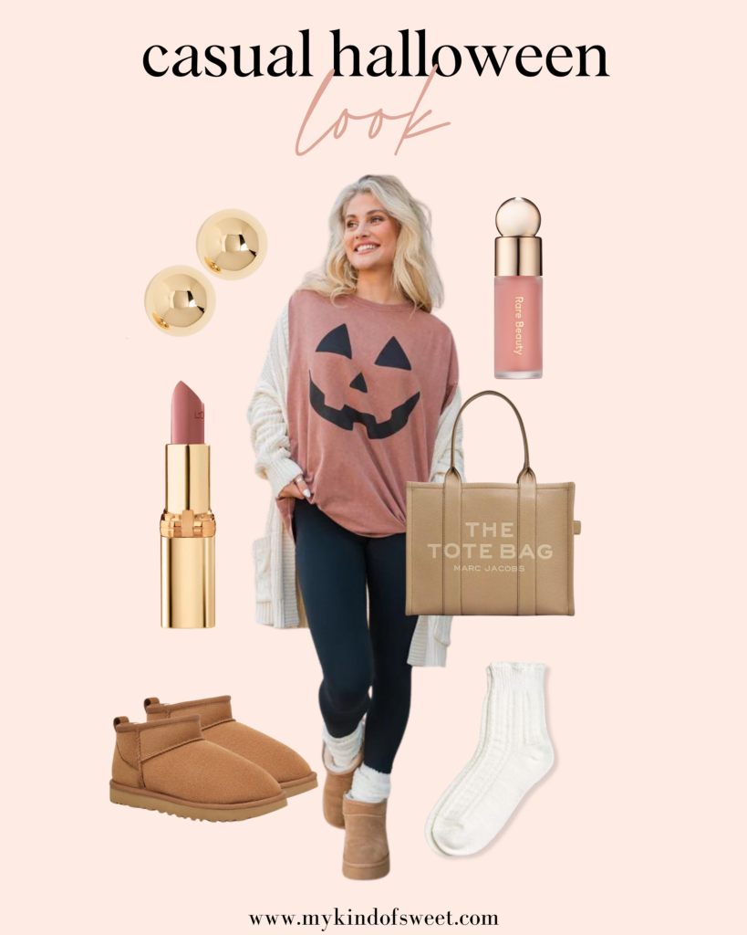 Casual Halloween look, pumpkin shirt, black leggings, tote bag, gold studs, lipstick, ugg boots