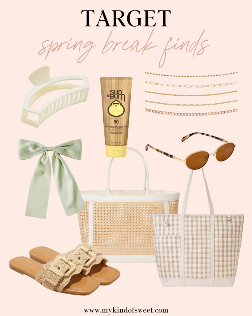 spring break, vacation, accessories, necklace, claw clip, bow, sunglasses, tote bag, sandals