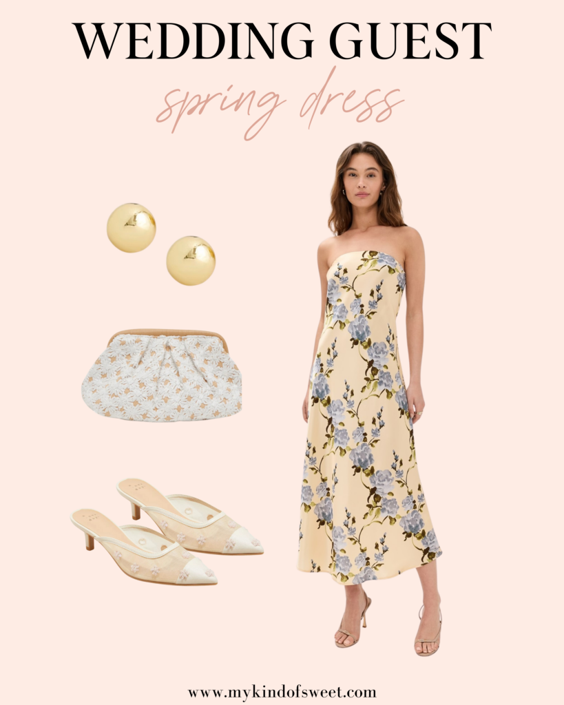 Spring Dresses For Every Occasion, strapless dress, wedding guest dress, gold studs, white clutch, heels