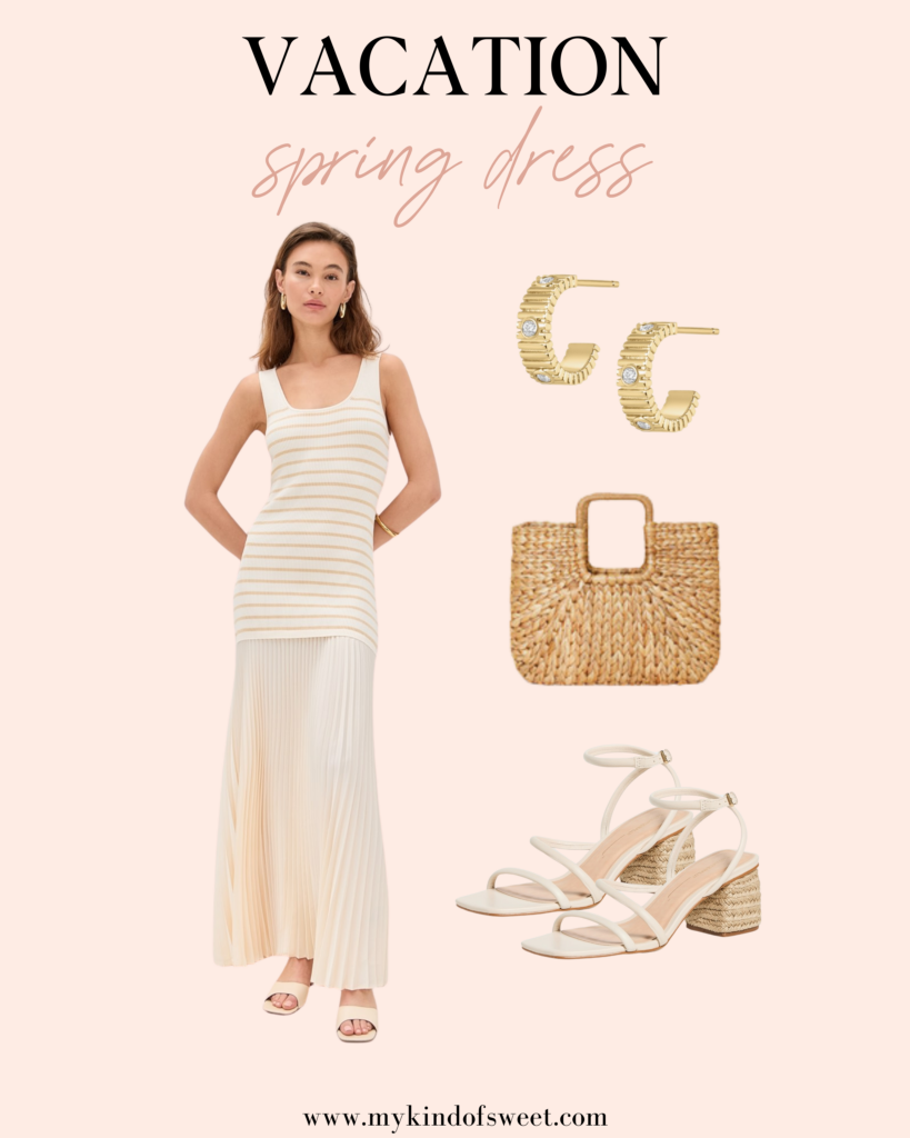 Spring Dresses For Every Occasion, vacation dress, gold huggies, raffia bag, wedges