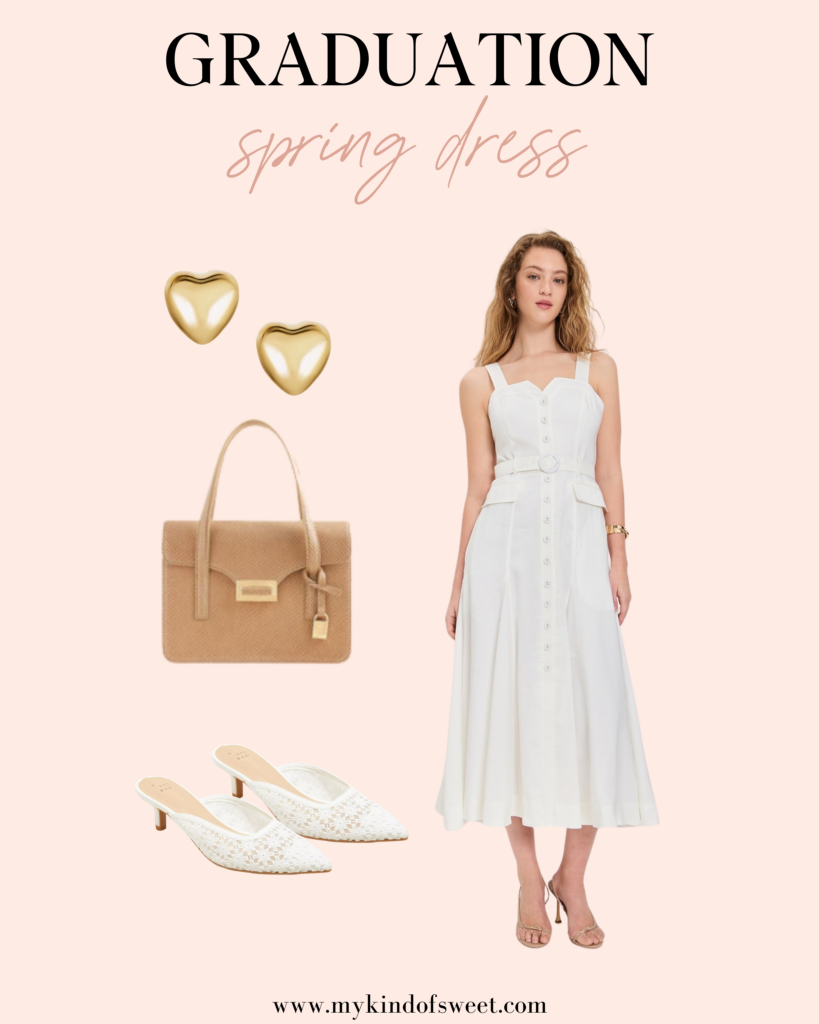 Spring Dresses For Every Occasion, graduation dress, white dress, heart earrings, tan bag, white heels