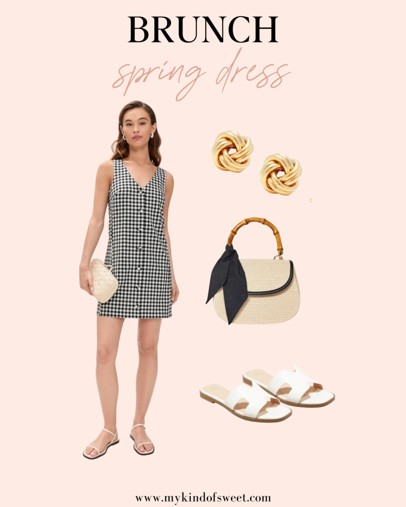 Spring Dresses For Every Occasion. gingham dress, knot earrings, brunch dress, white sandals